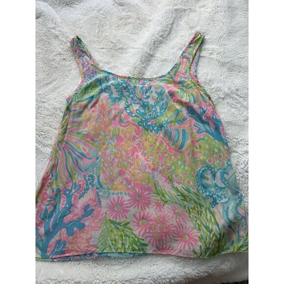 LILLY PULITZER‎ Cosmos Silk Top Multi Lovers Coral Women's XS Neon Pink Blue - Picture 3 of 6